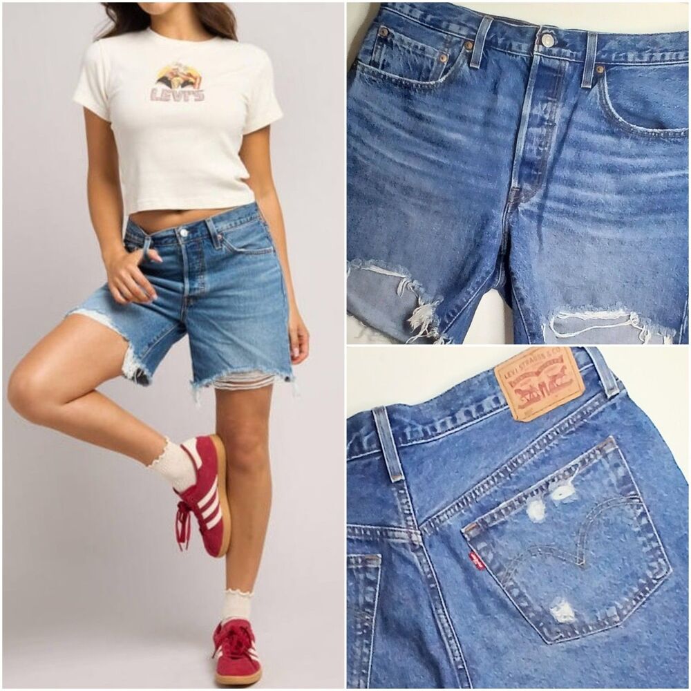 Levis 501 Shorts Sz 31 Button Fly Cutoff Distressed 6" Inseam Blue Classic EUC